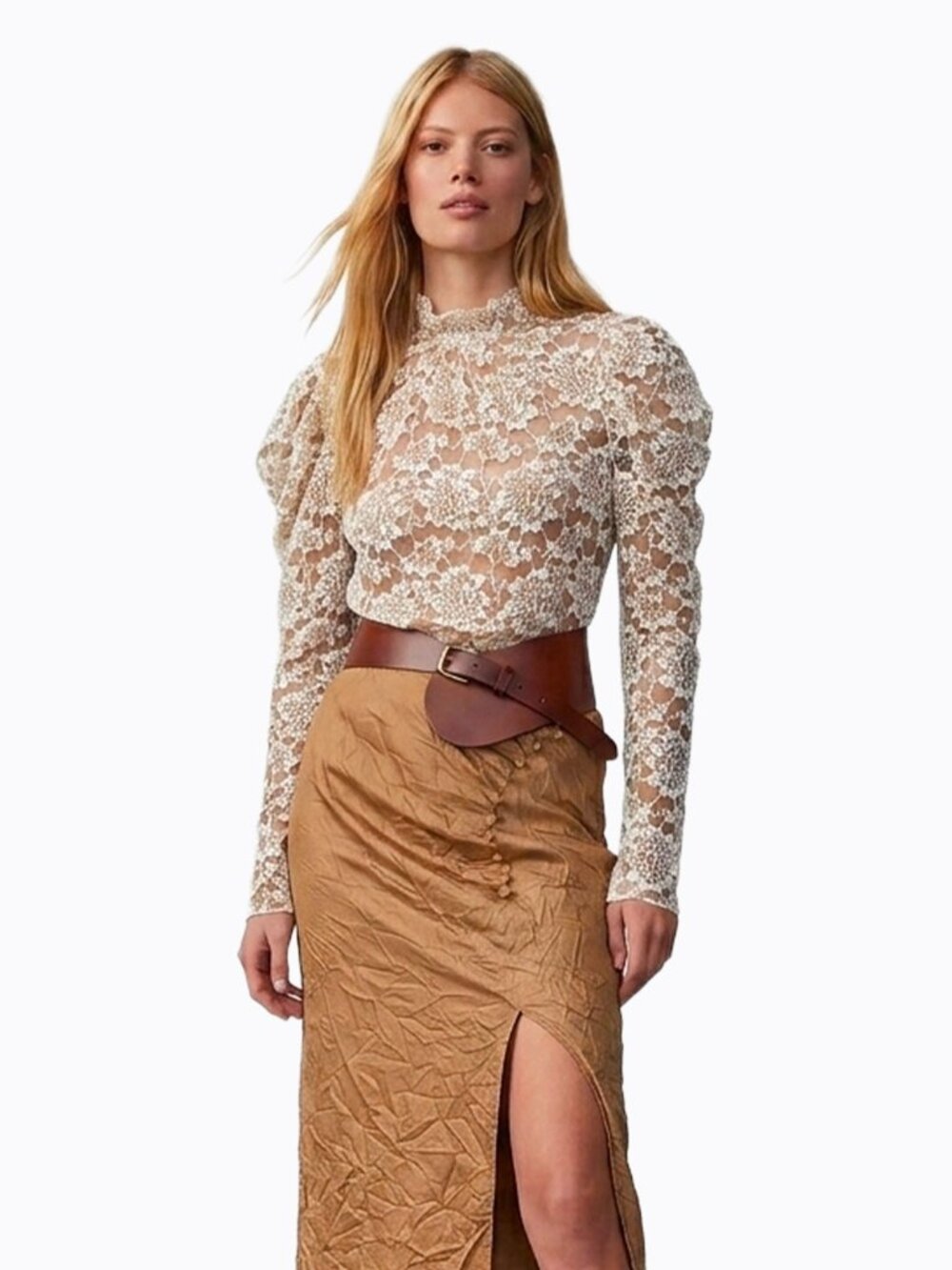 Anthropologie Dolan Ivory Sheer Floral Lace Mock Neck Puff Sleeve Blouse XS Boho